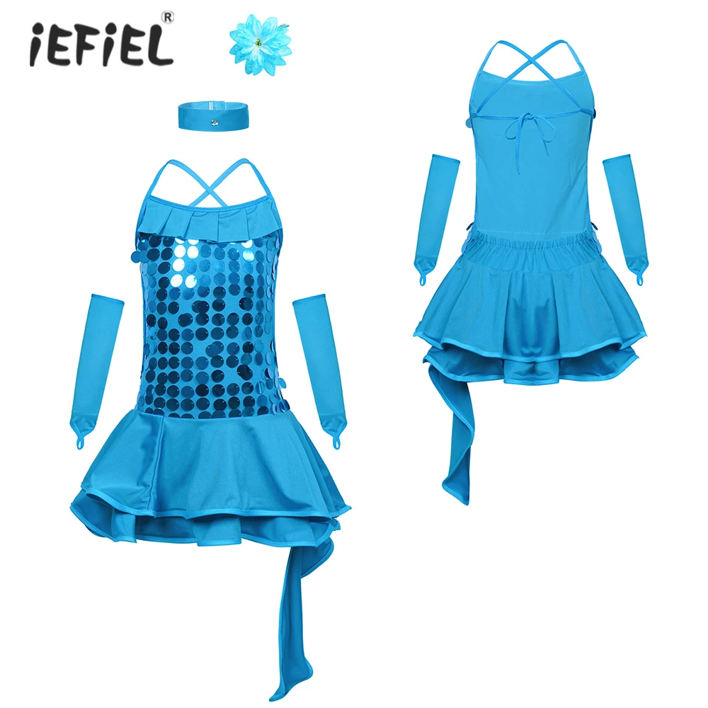 

Kids Girls Party Dress Children Professional Ballroom Latin Dance Dress For Girls Sequins Ballet Jazz Dancewear for Stage Show