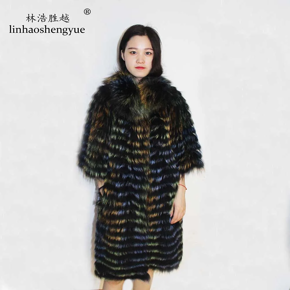 Linhaoshengyue-Real Silver Fox Fur Coat with Stand-up Collar, Long, 90cm