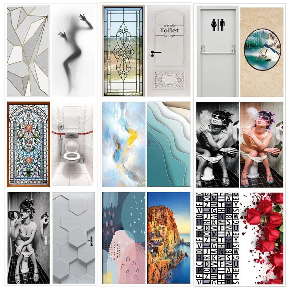 ประตูห้องน้ำสติกเกอร์ห้องน้ำห้องน้ำ WC 3d Self-Adhesive วอลล์เปเปอร์ห้องนอนสาวโปสเตอร์ไวนิลกันน้ำ Entrance ตกแต่ง