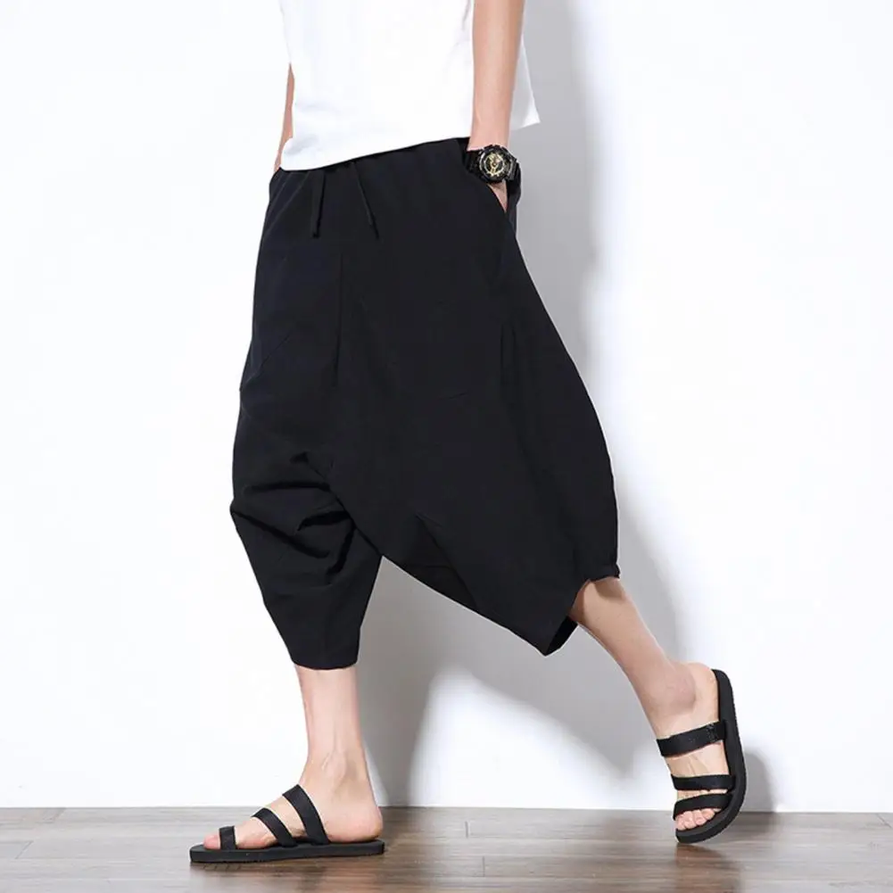 

Summer Casual Men Pants Drop Crotch Solid Color Stylish Loose High Waist Baggy Cropped Trousers Multi pockets Short Pants