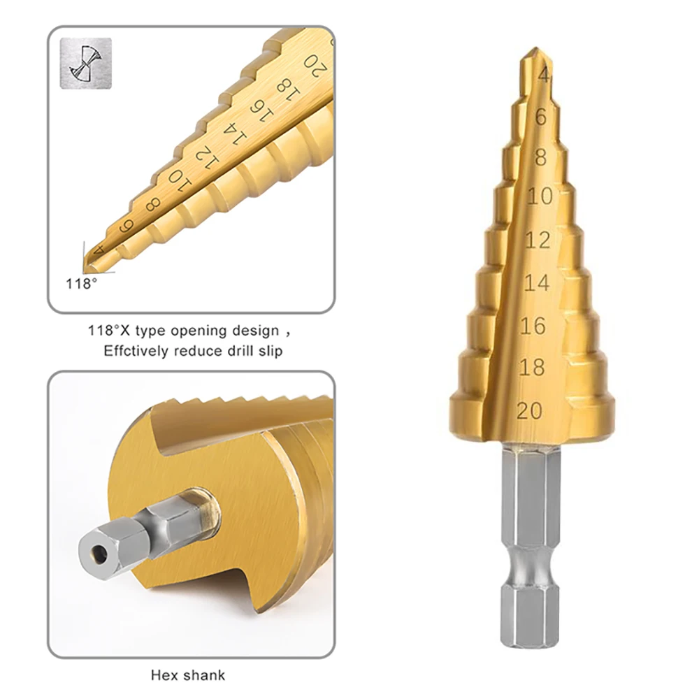 3 pcs Set Punta Del Trapano HSS PASSO Cono Cono Hole Cutter Metrico 4-32mm di titanio Rivestito di Metallo Esagonale Trapano