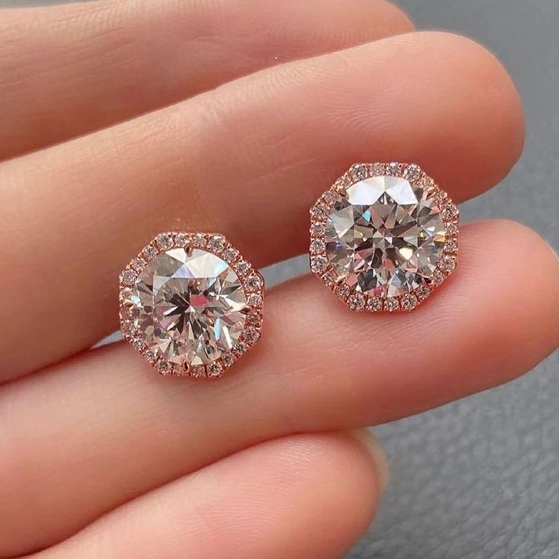 Huitan Simple Rose Gold Plated Stud Earrings with Round Cubic Zirconia Geometric Versatile Female Earrings Low-key Women Jewelry