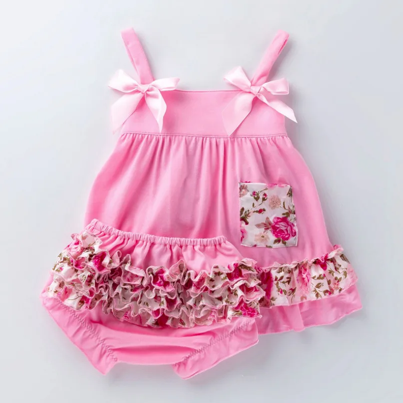 High Quality Toddler Infant Posh Petti Lace Ruffle cotton Bloomers panties+ Bow Sling tutu Dress Baby Girls Kids Clothing sets