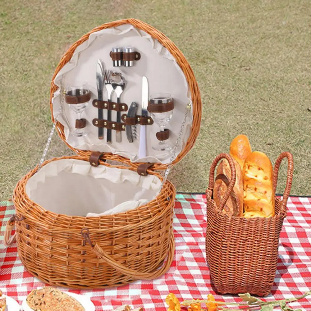 Heart-Shaped Hand-Woven Picnic Storage Basket Hamper Shopping Basket Bag With Tableware And Handle For Outdoor Camping