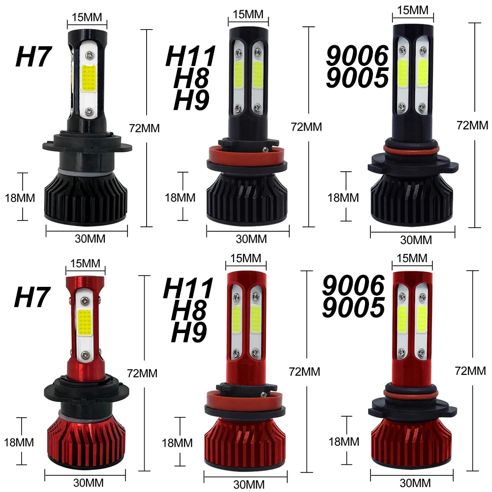 2Pcs H11 4 Sides Cob H7 H8 HB3 9005 HB4 9006 Led Headlights 10000LM Car Light Bulbs Auto Fog Lamp 8000K 6000K No Fan Mini Led V4