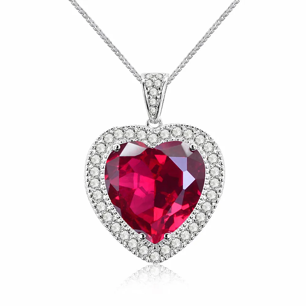 Classical love heart red crystal ruby gemstones diamonds pendant necklaces for women white gold silver color jewelry bijoux gift