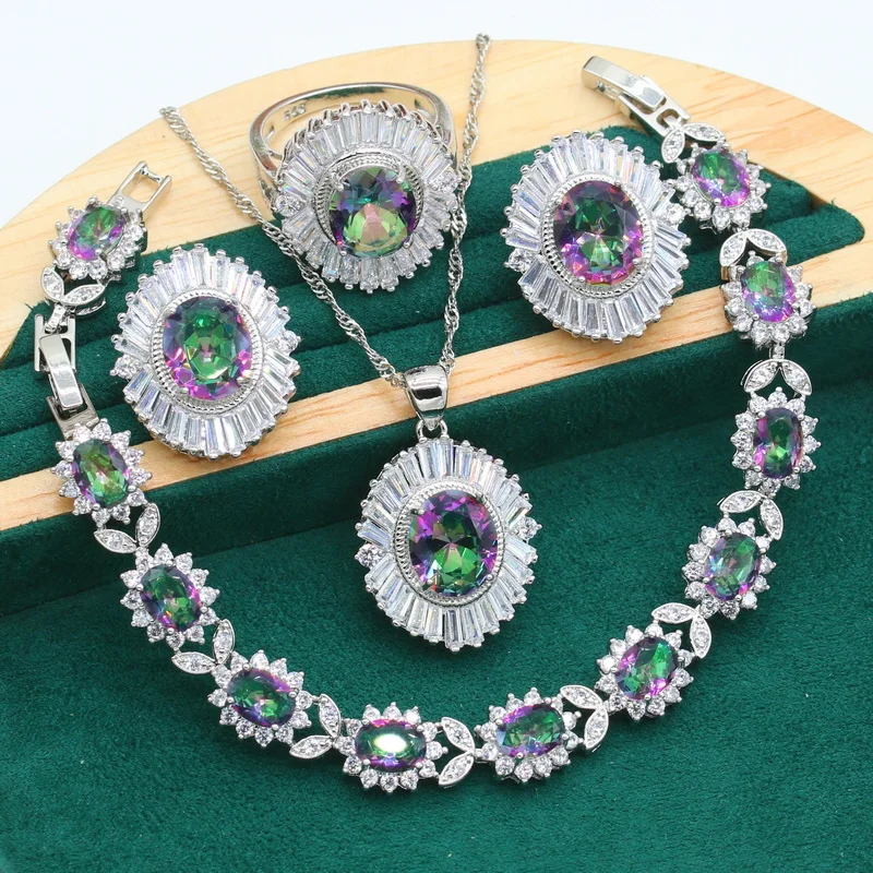 Mysterious Rainbow Zircon 925 Silver Daily Jewelry Sets for Women Wedding Bracelet Earrings Necklace Pendant Ring Gift