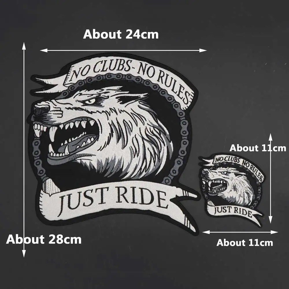 NO CLUBS NO RULES JUST RIDE Wolf Embroidery Patch Badge Cloth Leather Jacket Decoration Back High-grade Iron-On