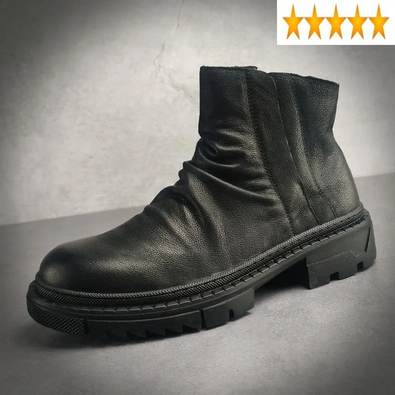 

Genuine Autumn Shoes Fashion Mens Leather Chelsea Designer Pleated Retro Motorcycle 2021 Winter Fleece Short Boots