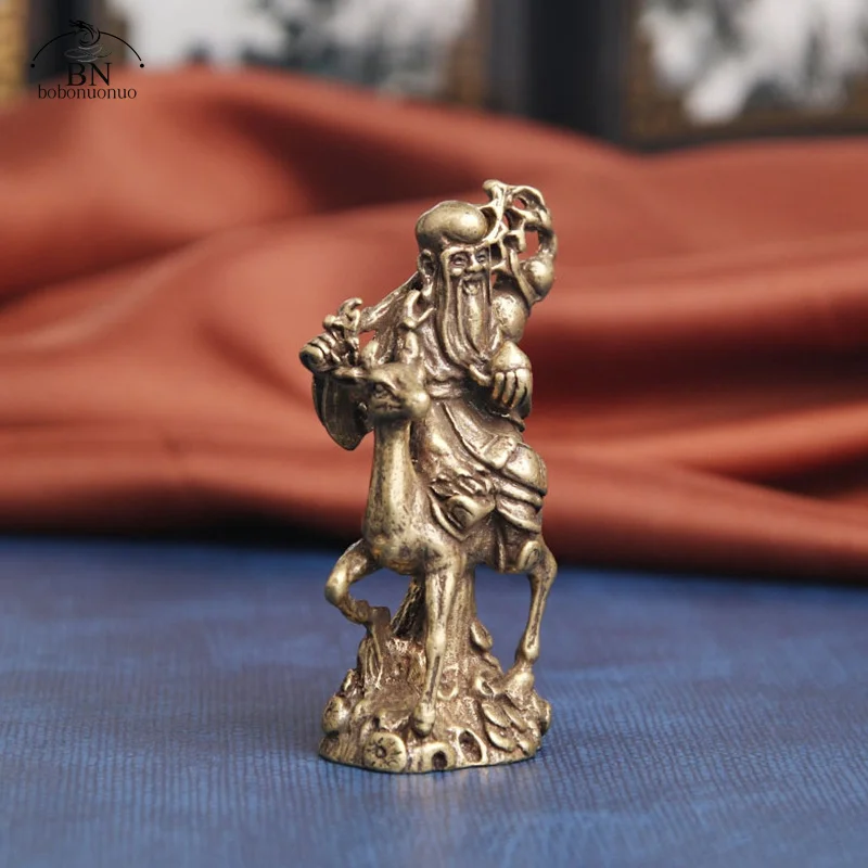 Pure Copper Chinese God of Longevity Riding Deer Ornament Birthday Gifts Craft Antique Bronze Buddha Statue Figurine Miniature