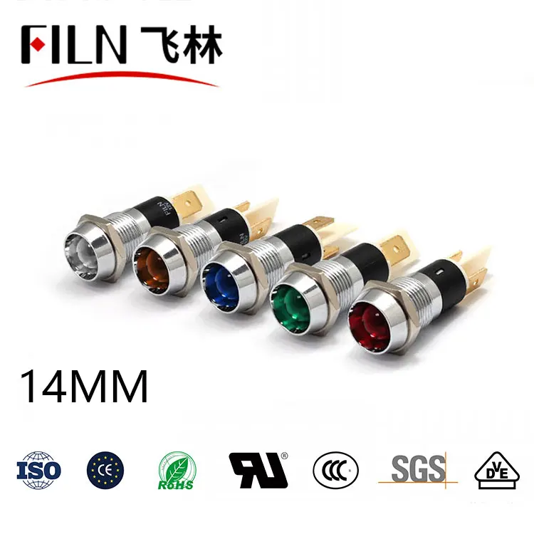 FILN Metal 14mm 12v 24v 220v 110v signal lights high quality led indicator lights with soldering pin