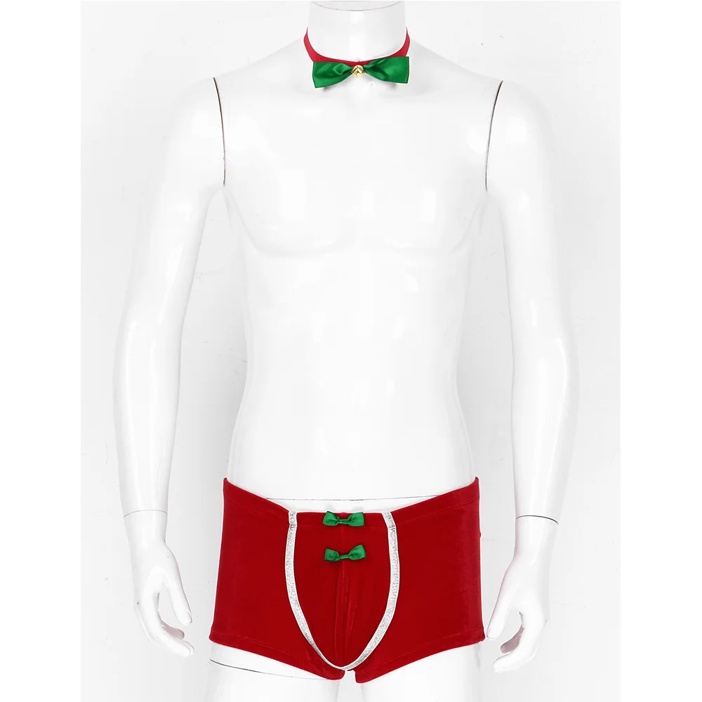 Men Lingerie Red Soft Velvet Christmas Underwear Fancy Costume Sexy Boxer Shorts Male Panties Festival Rave Bowtie Underpants