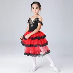 Black Red Tulle Ballet Costume Women Spanish Dress For Adult Girls Child Dancing Long Romantic Ballet Tutu Performance Costumes