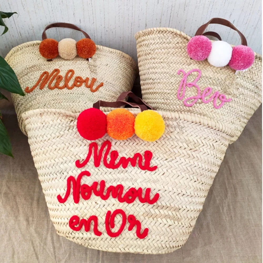 Customize  pom poms beach basket, Moroccan wicker basket bag, personalize beach straw totes basket tote everything, Summer bags