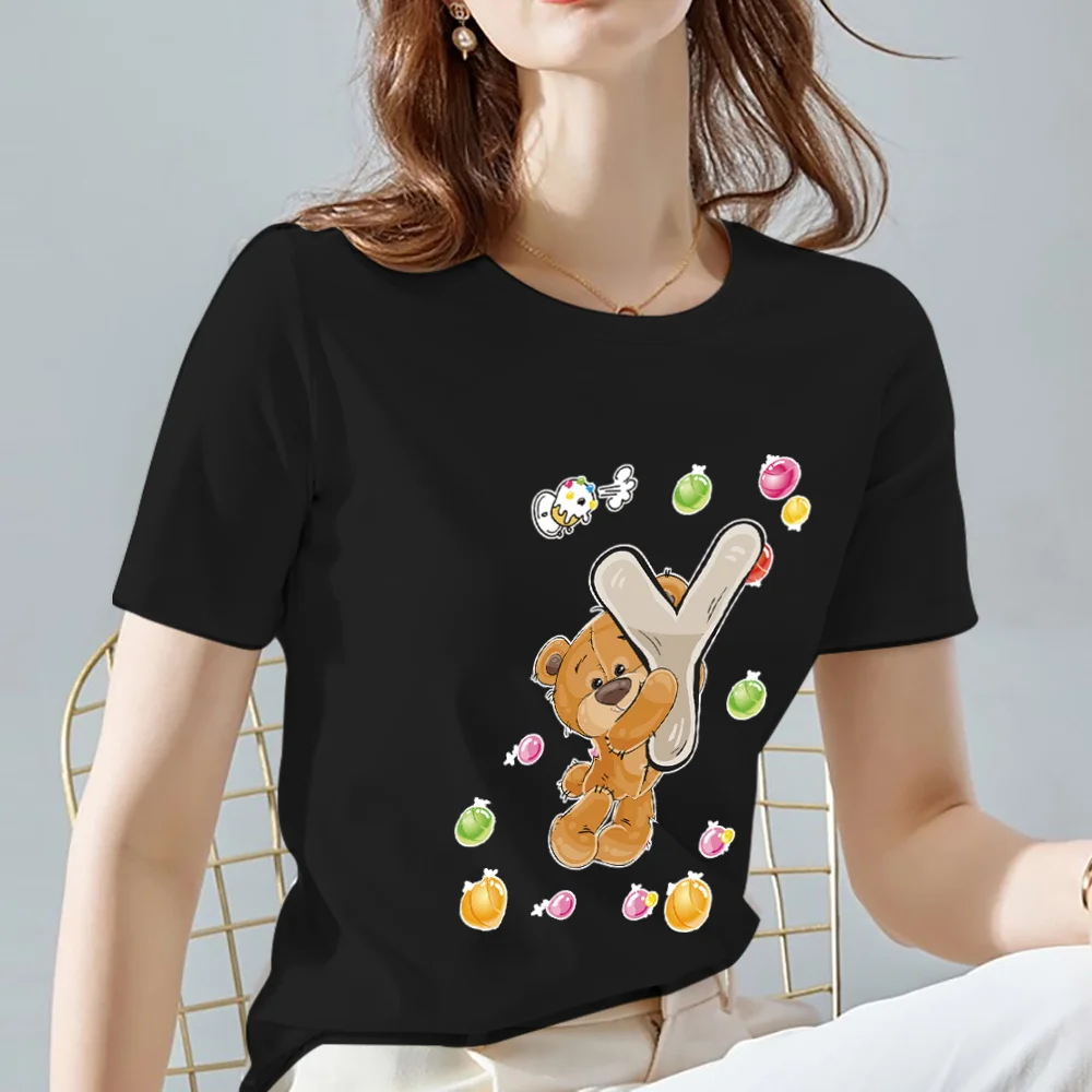 Casual T-shirt Commuter Women's Clothing Basic Teddy Bear X Initial Name Printed Pattern O Neck Short Sleeve Black XXS－XXXL Top