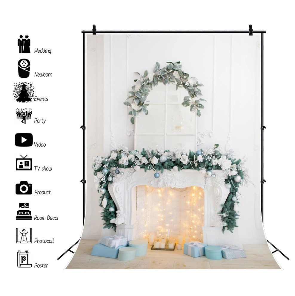 

Laeacco White Fireplace Candle Christmas Festival Interior Bulb Light Decor Gift Floor Party Portrait Photo Background Backdrops