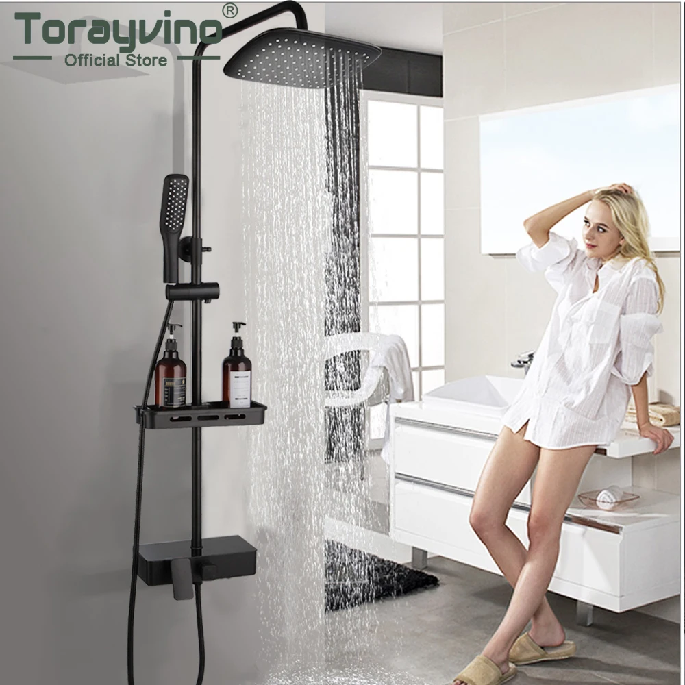 

Torayvino Matte Black Bathroom Shower Faucet Set Rainfall Shower Bath Wall Mounted Mixer Tap Bathtub With Shelf Combo Kit Fauxet