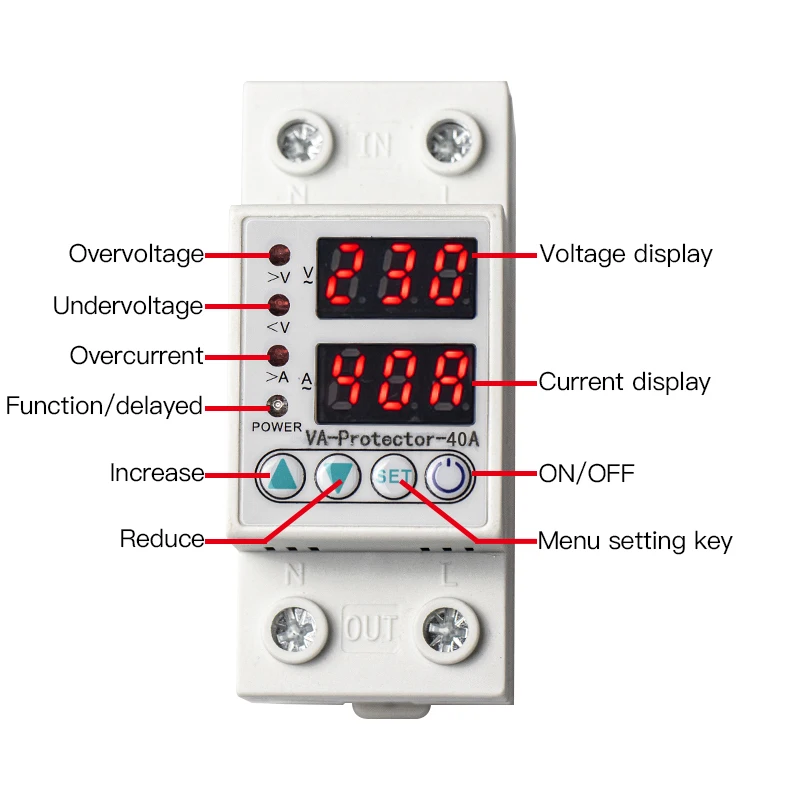Home Usage Dual LED Display 40A 63A Din Rail 230V Adjustable Voltage Surge Protector Relay with Limit Current Protection