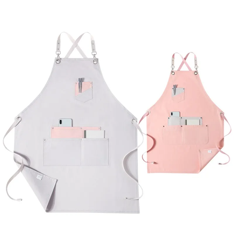 

Gray Pink Cotton Apron Cross Back Straps Cafe Barista Bartender Pastry Chef Catering Uniform Florist Painter Artist Workwear E92