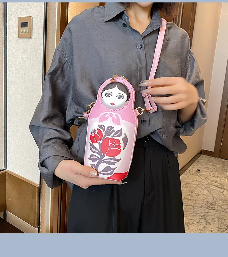 Cute Doll Shaped Shoulder Bag Pink Small Crossbody Bag for Women Novel Purses and Handbags Girls Clutch Bag Pu Leather Fashion