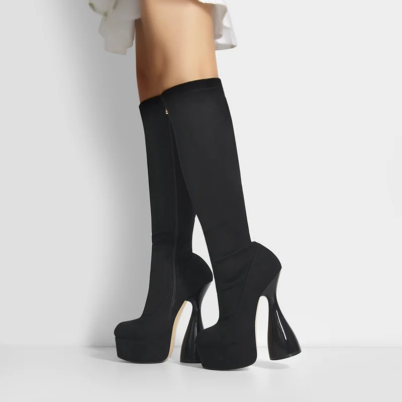 Onlymaker Women Black Platform Flock High Elastic Side Zipper Spike High Heels Big Size Fashion hick Knee High Boots