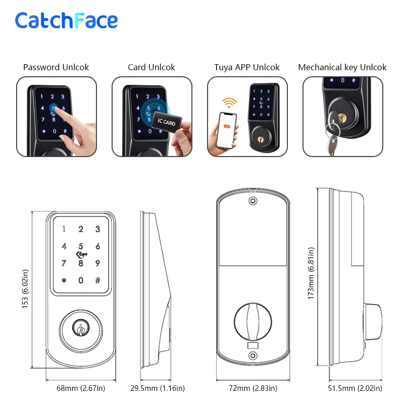 Tuya APP Electronic Door Lock WIFI Keyless Entry Door Lock With Digital App IC Card Mechanical Key  Home Mortise Lock