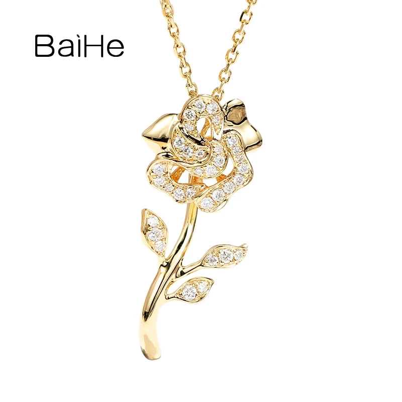 

BAIHE Solid 18K Yellow/Rose/White Gold Natural Diamond Yellow Sapphire Rose Flower Necklace Women Fine Jewelry Collar flor rosa