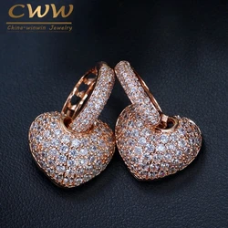 CWWZircons Micro Pave Cubic Zirconia High Quality Lovely Cute Rose Gold Color Small CZ Hoop Heart Earrings for Women CZ038