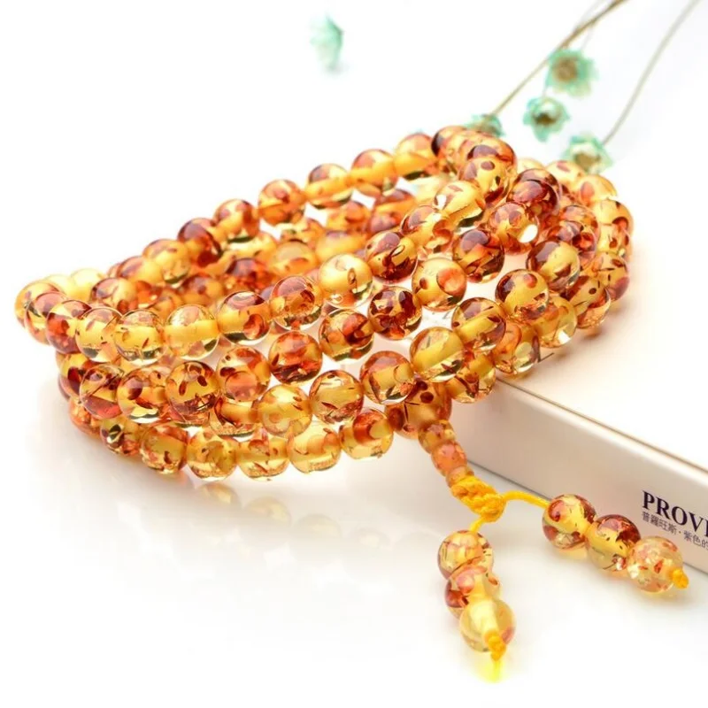 Natural Water Purification Amber Beeswax Hand String Beeswax Amber 108 Round Bead Flower Perdo Circle Couple Bracelet