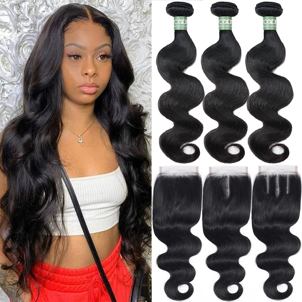 

Aricabin Malaysian Hair Bundles With Closure Remy Hair Body Wave Weaves Exteision 3/4 Human Hair Bundles With Closure