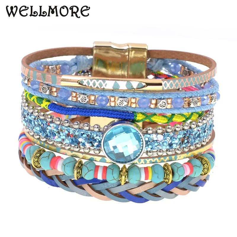 WELLMORE new bohemia bracelets for women charm beaded stone bracelets fashion leather bracelets female jewelry drop shipping