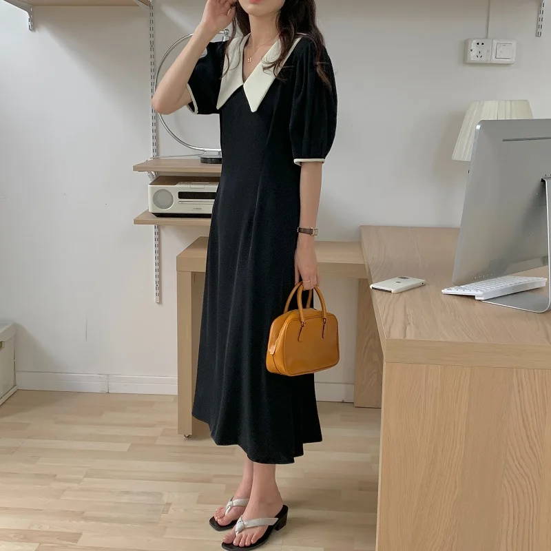 Black Dress Women Harajuku Simple Clothes Mujer Midi A-LINE Retro Summer Temperament Peter Pan Collar High Waist Vestidos Classy