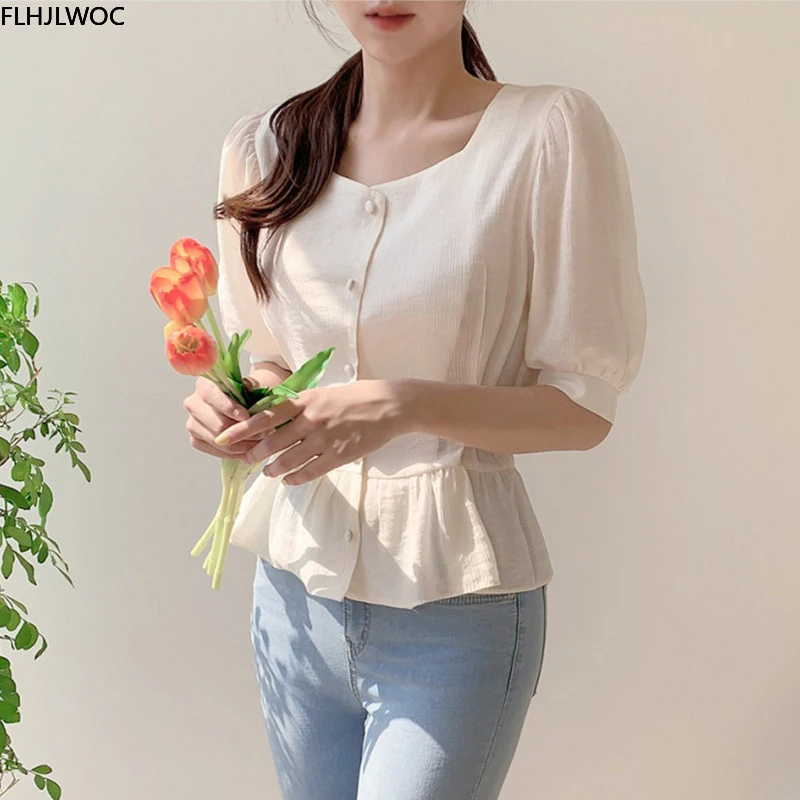 Dễ Thương Ngọt Xù Lông Peplum Cao Cấp Mùa Hè Hàn Quốc Sang Trọng Nhật Bản Phong Cách Flhjlwoc Preppy Bé Gái Bán Trong Suốt Áo Sơ Mi Nữ Top Áo Kiểu