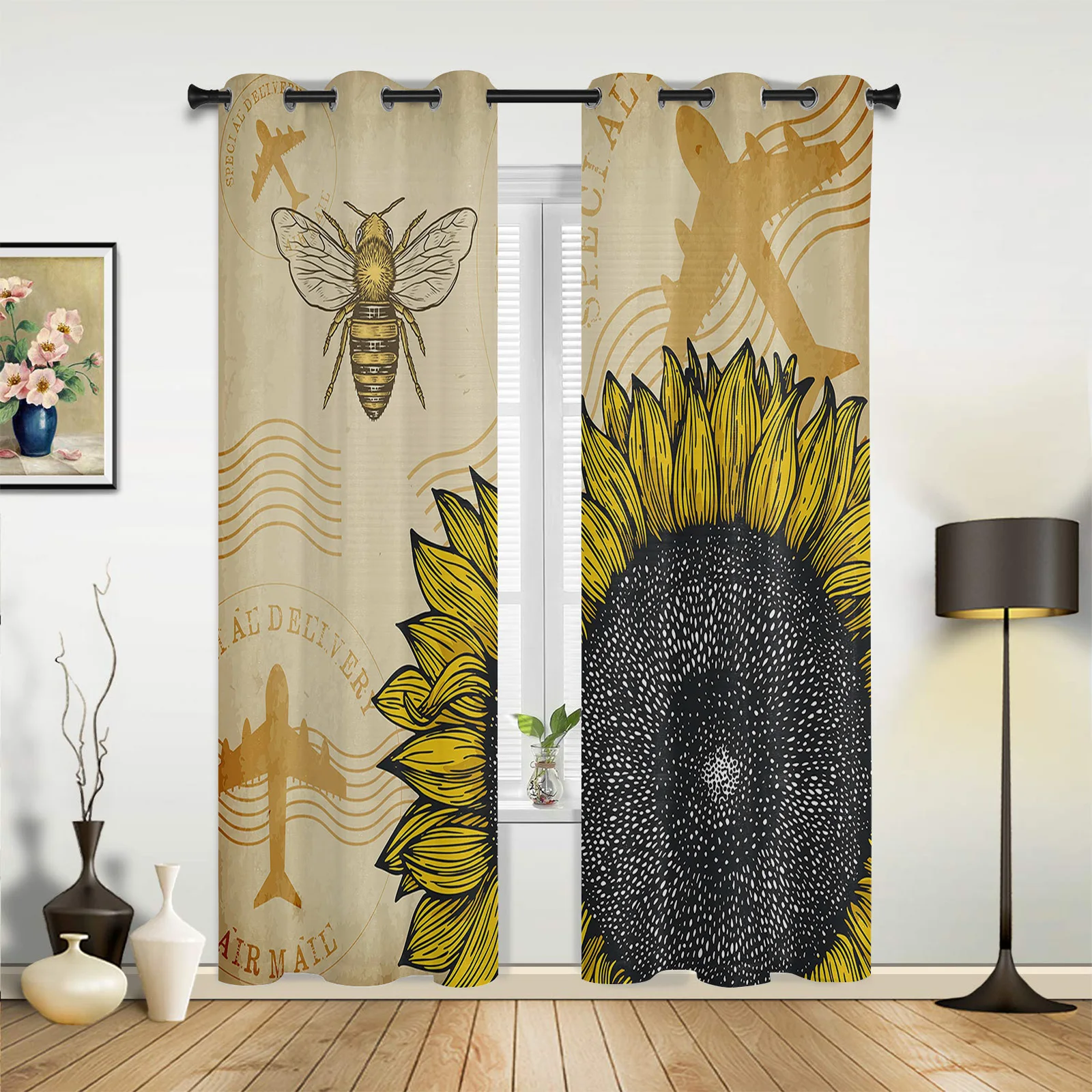 French Window Curtains Sunflower Bee Retro Living Dining Room Kids Bedroom Screens Modern Luxury Home Decor Valance Curtains