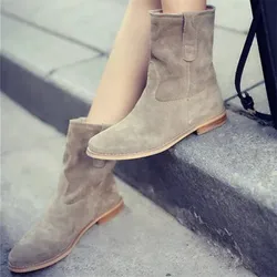 Buty do kostki ze skóry naturalnej dla kobiet dorywczo płaskie buty kobieta krótkie botki Slip-on Chelsea Boots jesień Suede Botas Mujer