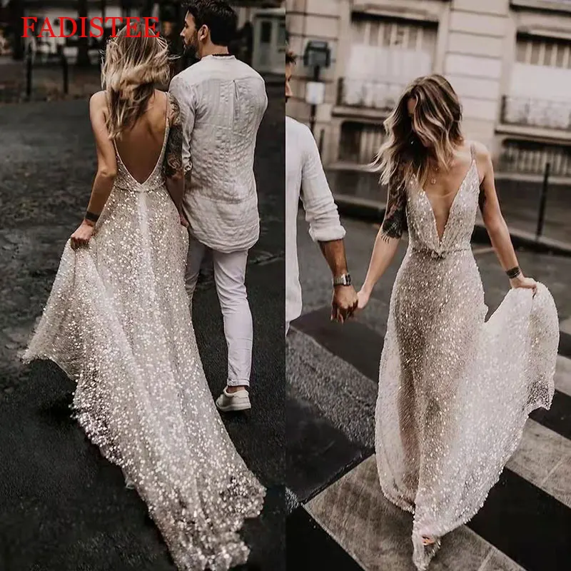 Nóng Cưới Kim Sa Áo Cổ Chữ V Sâu Gợi Cảm Hở Lưng Đầm Vestido De Noiva Свадебное Платье Áo Dây Mariage Đầm Vestido De Noiva E Dạ Tiệc