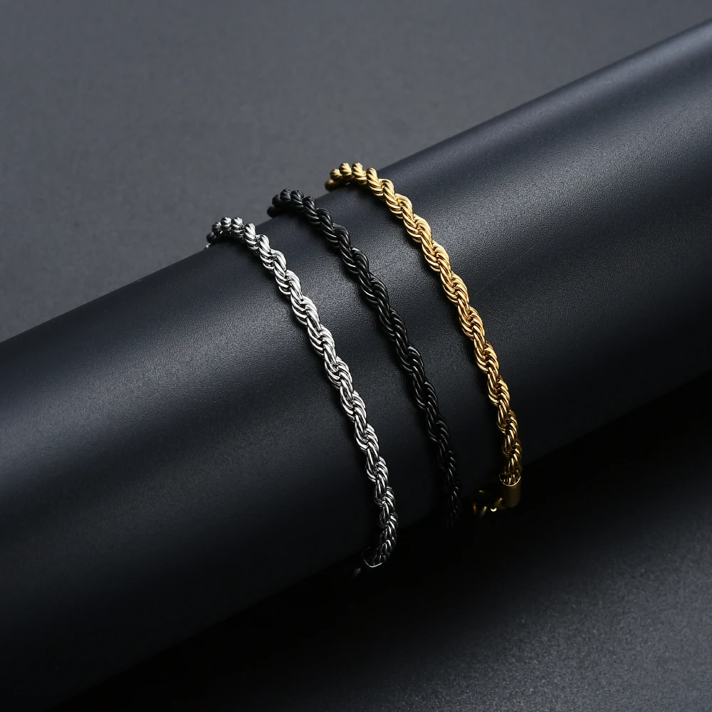 316L Stainless Steel Gold Black Color Twist Chain Bracelet Fashion Jewelry For Men and Women 4MM Link Bracelet