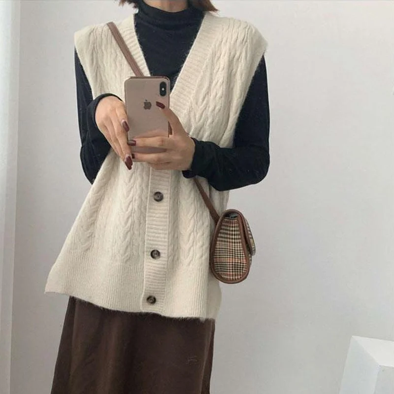 Women Sweater Vests Solid V-neck Single Breasted Gentle All-match Elegant Fashion Loose Temperament Side-slit Twist Knitting New