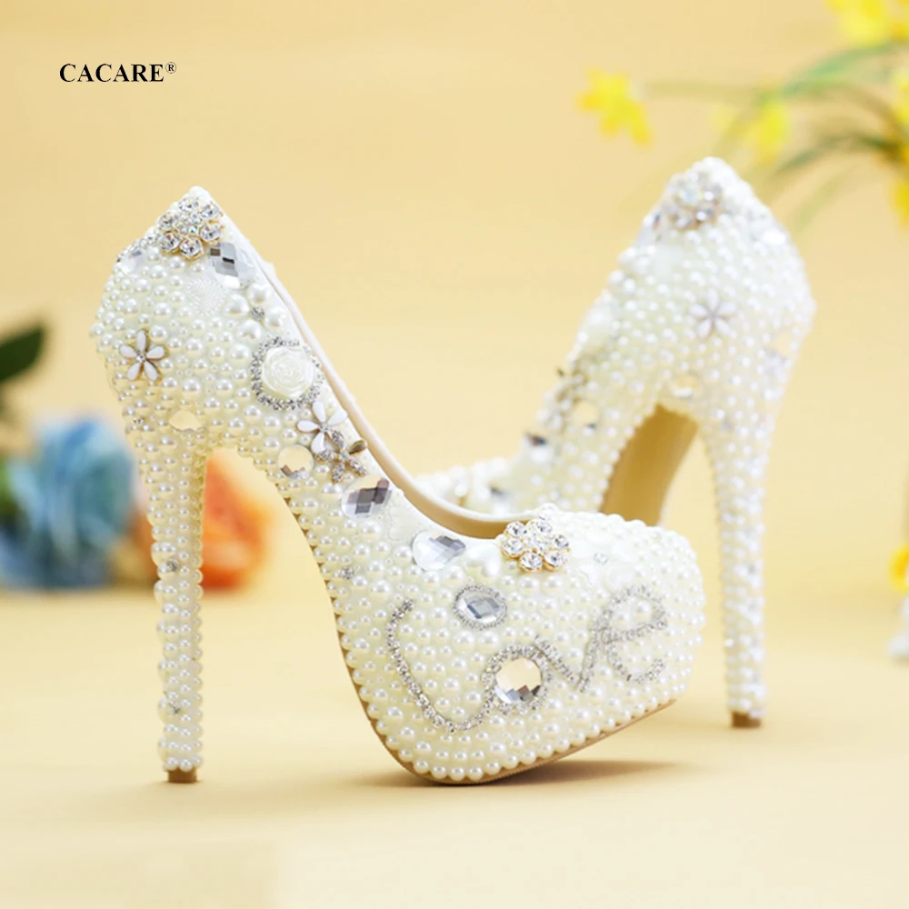 

CACARE Luxury Wedding Shoes Shinny Pearls Platform High Heels Bridal Party Shoes Cinderella Pumps Bride F2954