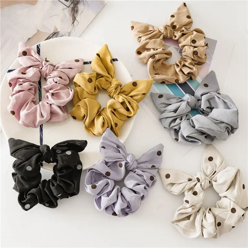 

7PC/lot Autumn Winter Dots Scrunchies Rabbit Bunny Ears Hair Ponytail Holder Tie Bowknot Scrunchies Elastic Hairband wholesale