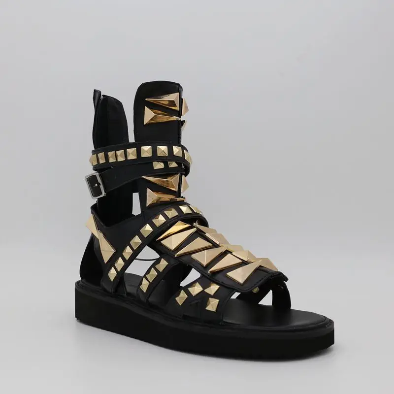 

Mens Gladiators Rivets Genuine Leather High Top Roman Sandals Open Toe Beach Shoes Platform Summer Gold Metal Plus Size 2023