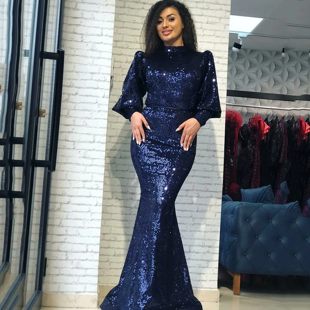 

Dark Navy Sequined Mermaid Prom Dress High-Neck Puffy Sleeves Evening Dress Simple Trumpet Prom Gowns vestidos de fiesta