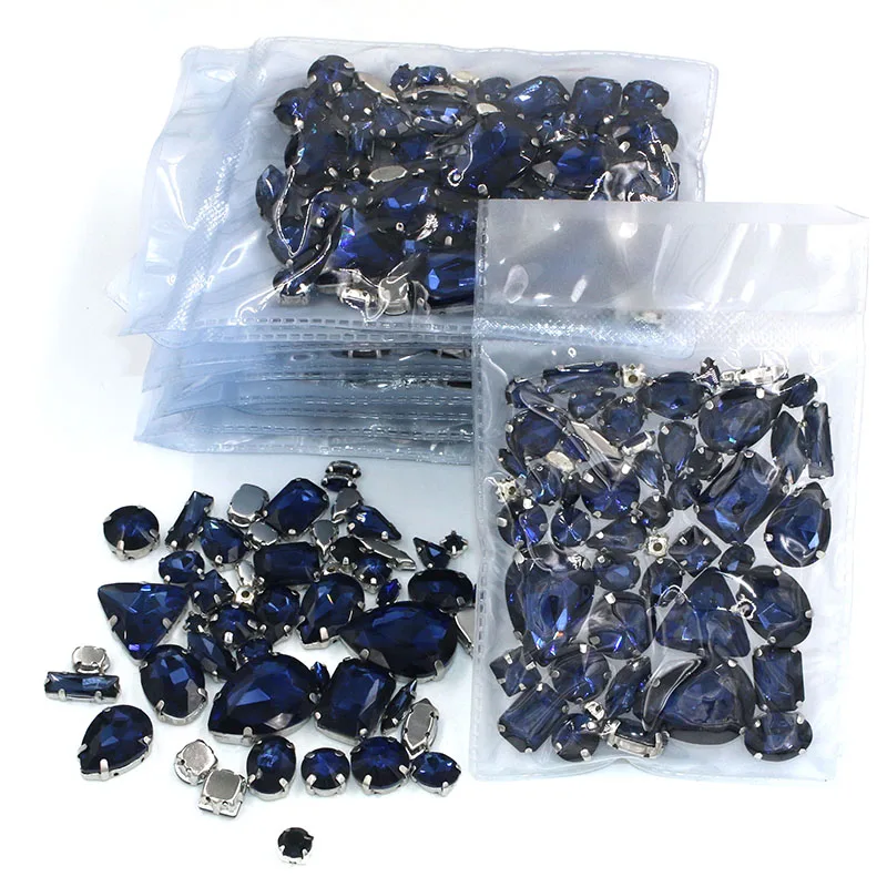 Clothing accessories  Wholesale 5 bags mixed shape glass crystal sliver base Ink-blue sew on rhinestones diy wedding dress