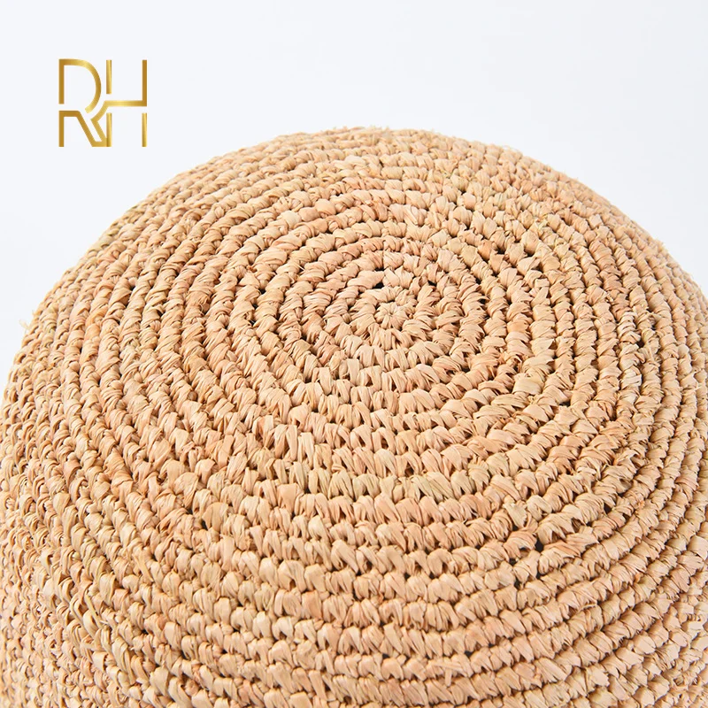 Handmade Ladies Crochet Natural Raffia Straw Bucket Hat For Spring Summer Beach Floppy fisherman Caps