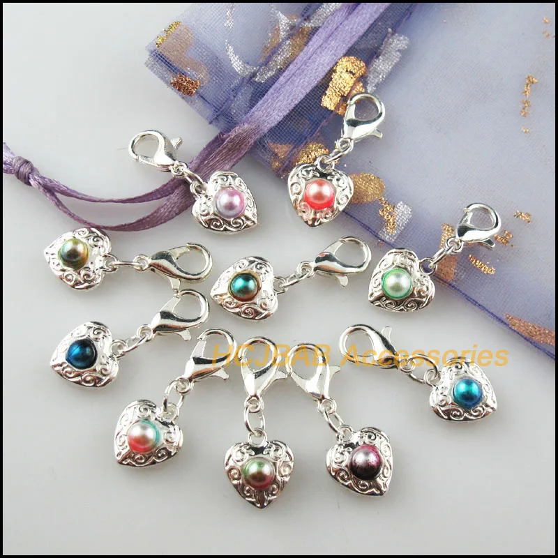 10 New Heart Flower Charms With Lobster Claw Clasps Multicolored Mixed Beads Silver Plated