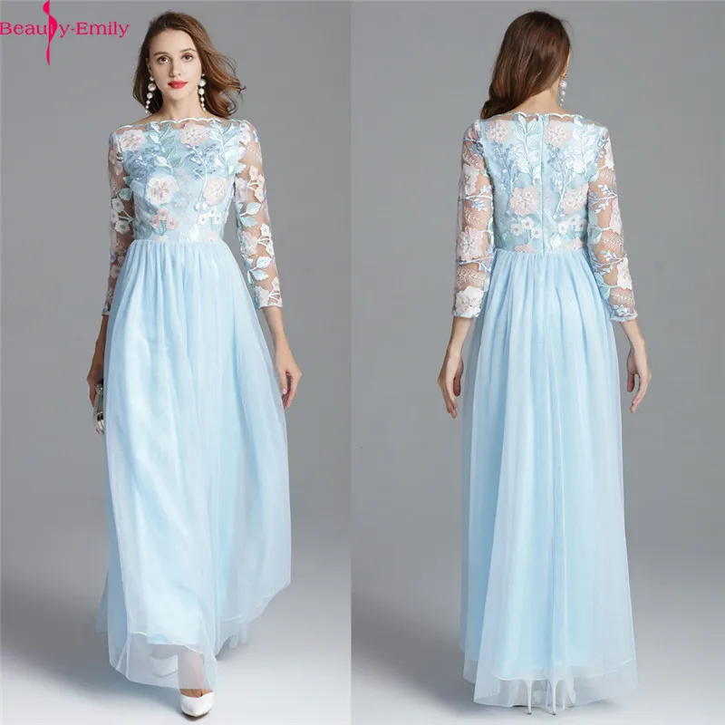 

New Three Quarter Candy Color Lace Up Back Evening Dress Elegant Flower Appliques Floor Length Party Gown Tulle Evening Gowns