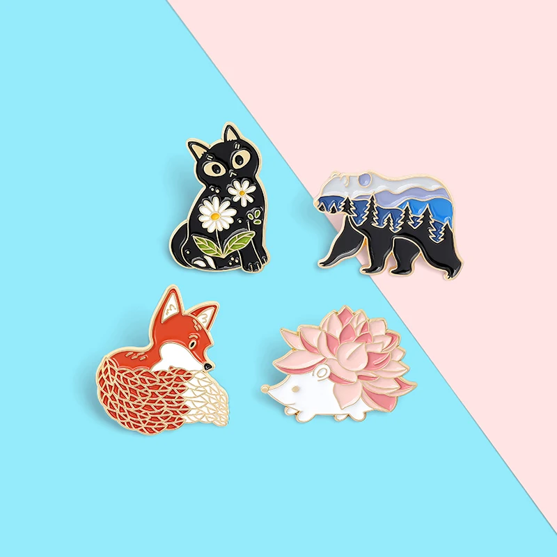 Pin esmaltado de animales, alfileres de dibujos animados con diseño de paisaje, flor, tatuaje, erizo, zorro, oso, gato, insignias de solapa, regalos