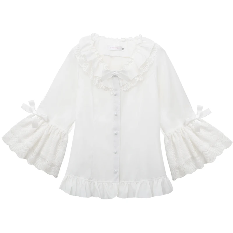 Preppy style sweet lolita top kawaii girl flare sleeve white/black  victorian shirt loose gothic lolita shirt loli cosplay