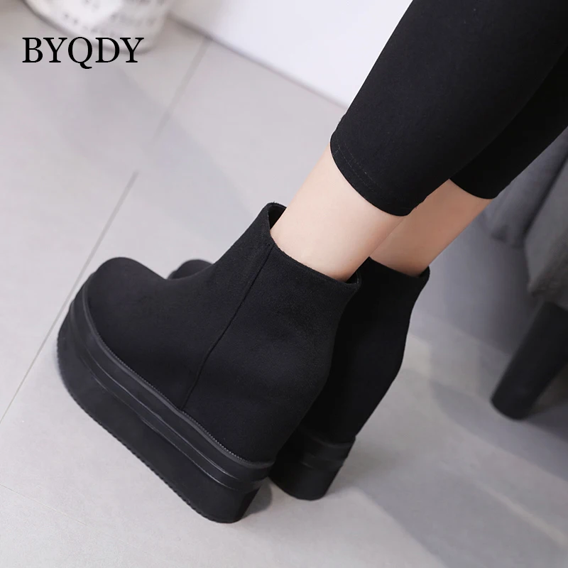 BYQDY Platform Woman Ankle Boots Thick Heels Winter Suede Round Toe Shoes Wedge High Heels Black Zipper Female Boots For Workers