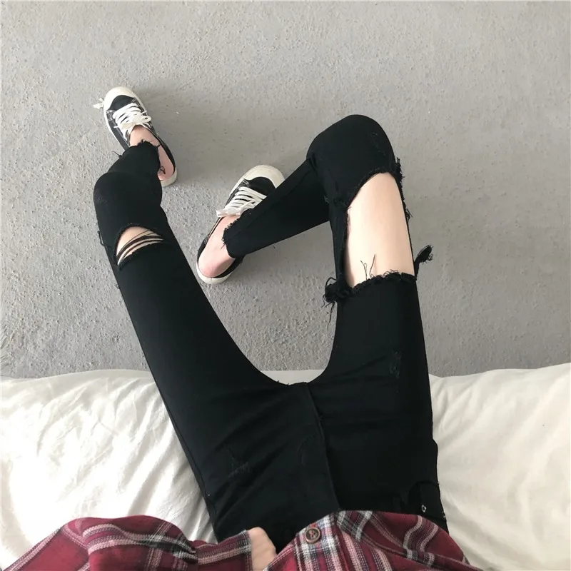 Spring Summer High Waist Skinny Denim Jeans Pants Women Ripped Hole Strechy Pencil Trousers Black Jeggings for female